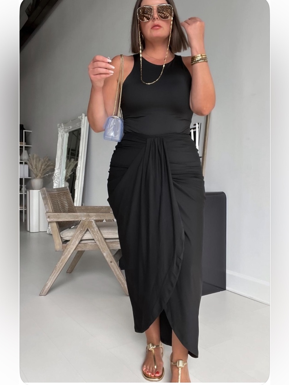 SHEIN Black Draped Maxi Skirt with Front Twist